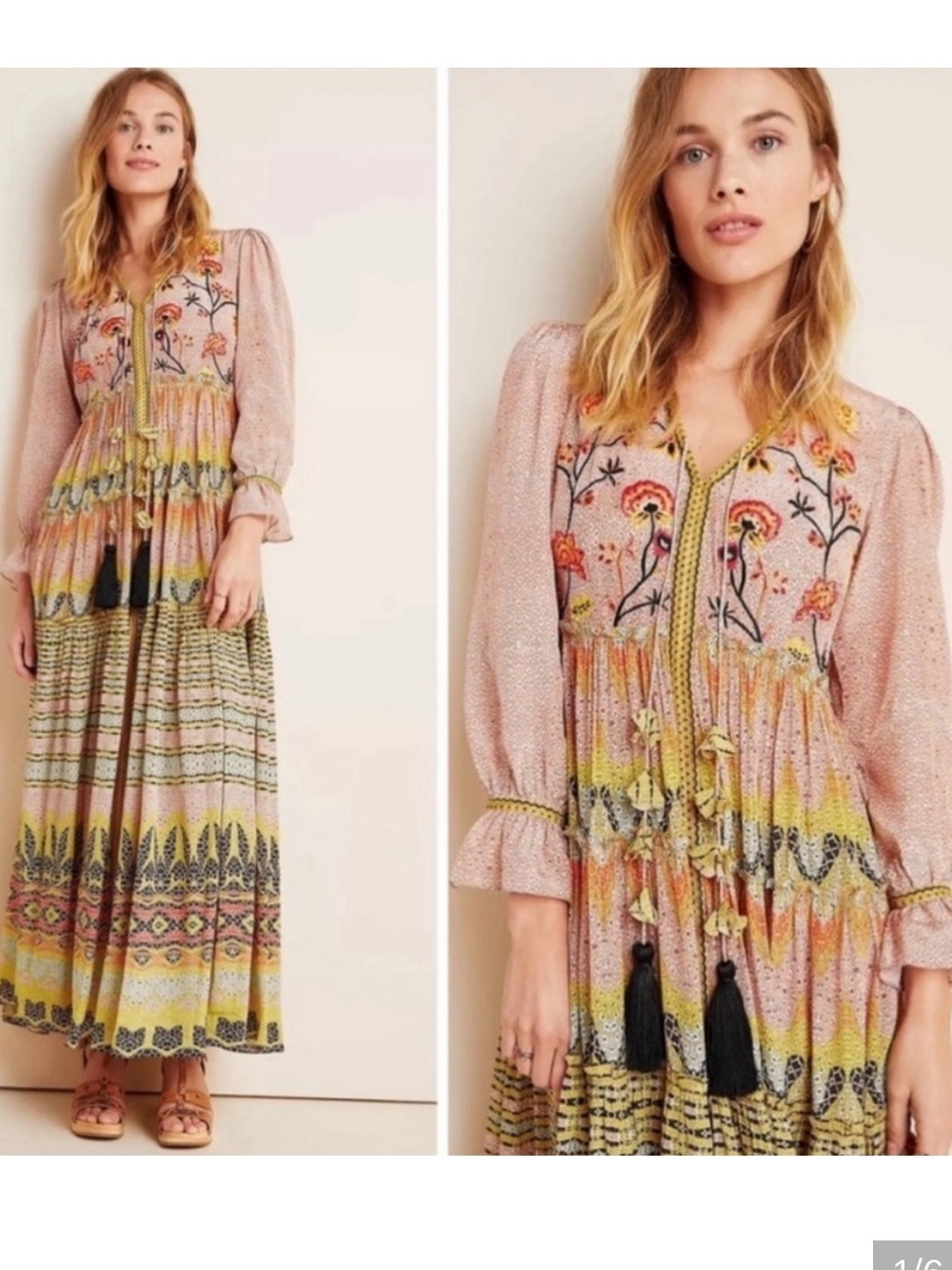 Anthropologie Bhanuni by Jyoti Giorgia Embroidered Maxi Dress Size 4 Tassels